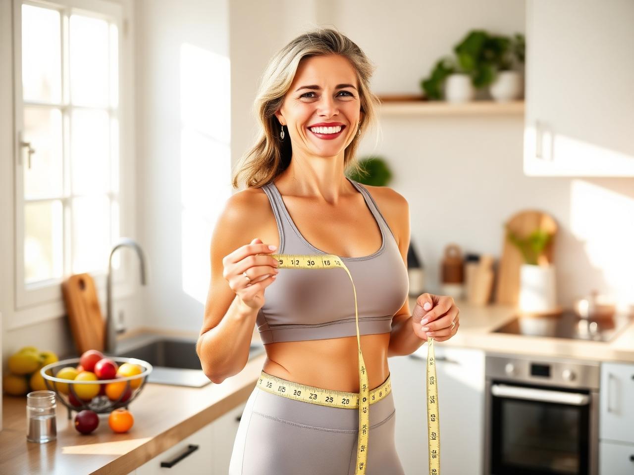 Woman measuring her waist after weight loss in a bright kitchen